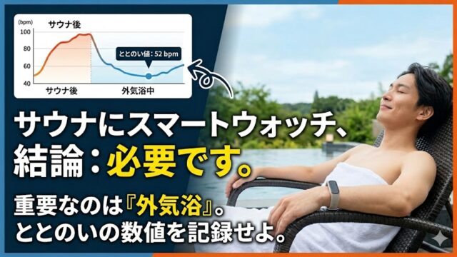 サウナとスマートウォッチの活用イメージ。心拍数の変化グラフと外気浴での「ととのい」を数値化したデータを表示したアイキャッチ画像