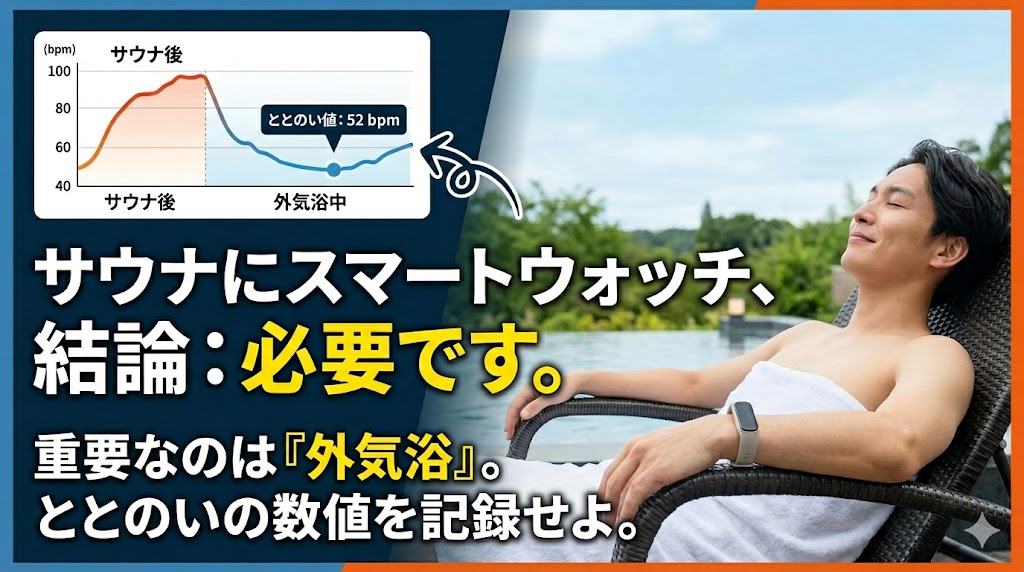 サウナとスマートウォッチの活用イメージ。心拍数の変化グラフと外気浴での「ととのい」を数値化したデータを表示したアイキャッチ画像