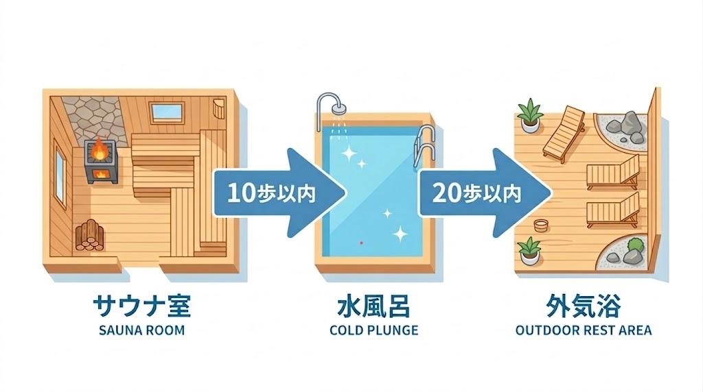 温窟サウナかま蔵 伊勢崎店 動線｜サウナ→水風呂→外気浴の最短動線