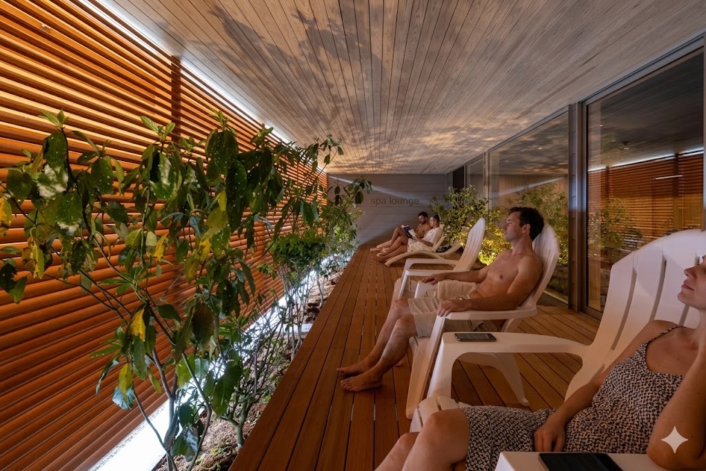 温窟サウナかま蔵 伊勢崎店 外気浴・休憩エリア｜ウッドルーバーの半外気浴スペース