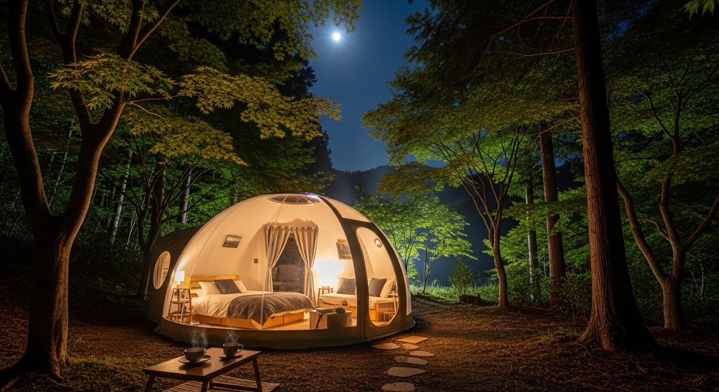 テルマー湯 東松山滑川店 グランピング夜景|ドームテントと星空