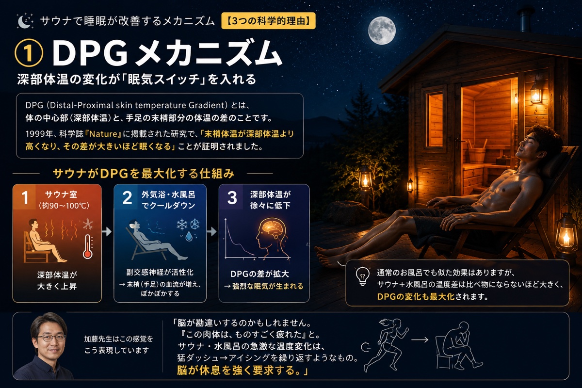 サウナで睡眠が改善するDPGメカニズムを解説したインフォグラフィック