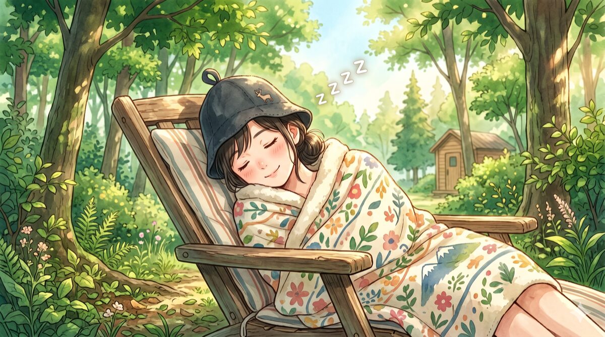 森の外気浴でうたた寝する女性のアニメイラスト