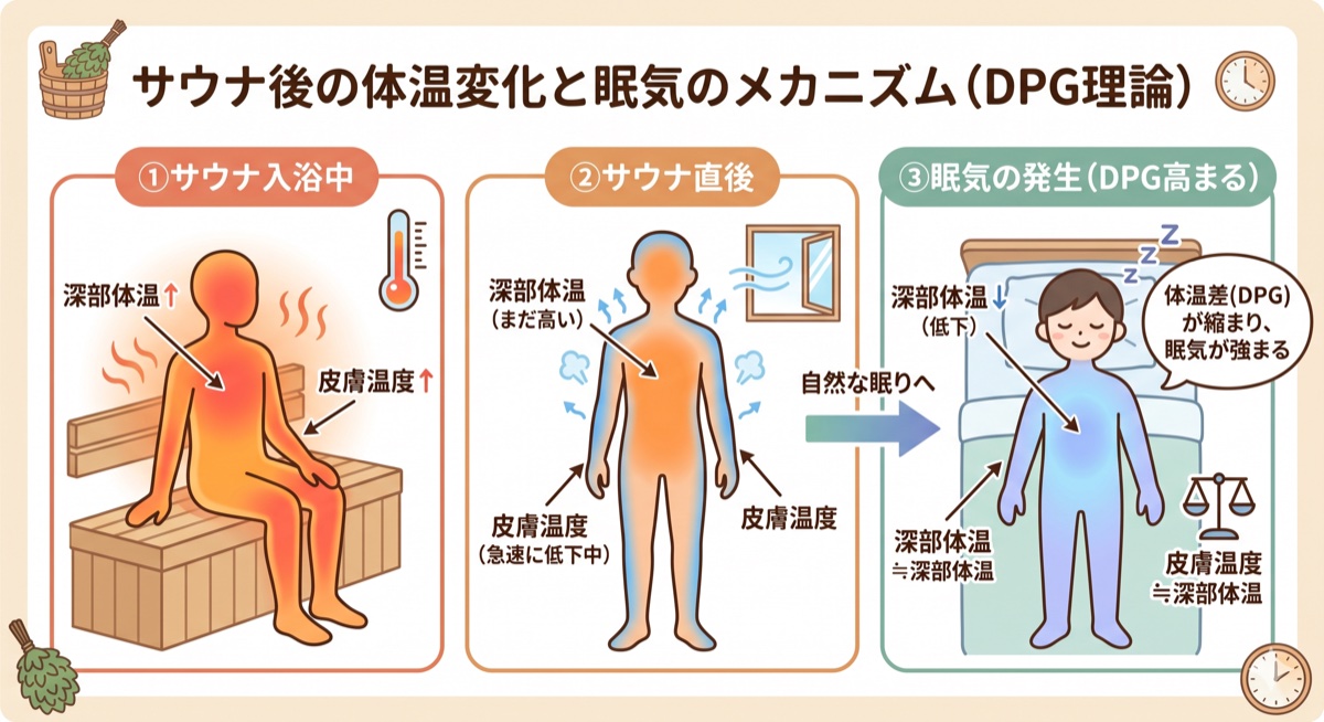 サウナ室・水風呂・外気浴の3ステップを示すアニメ風イラスト
