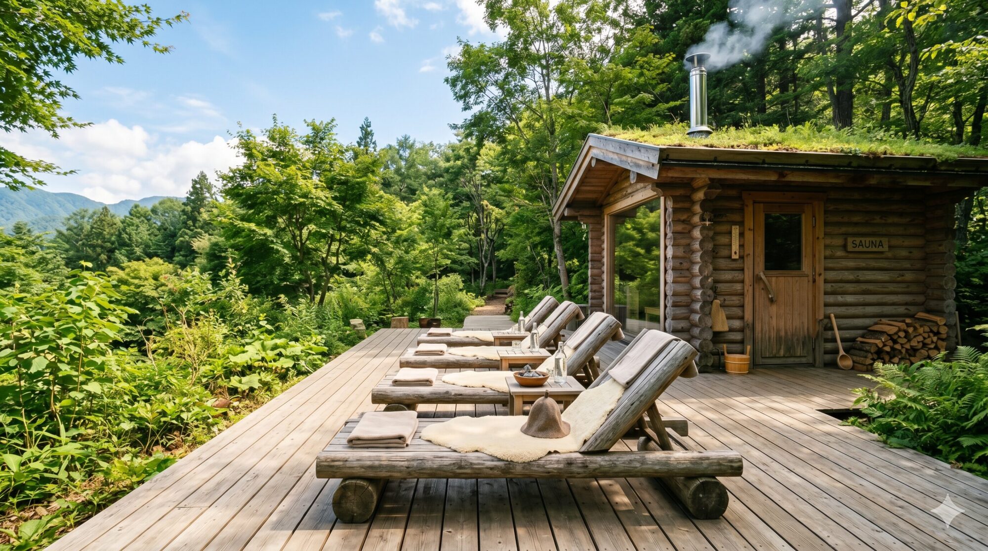 YUBUNE SAUNA PARK 屋外木製デッキとサウナ小屋