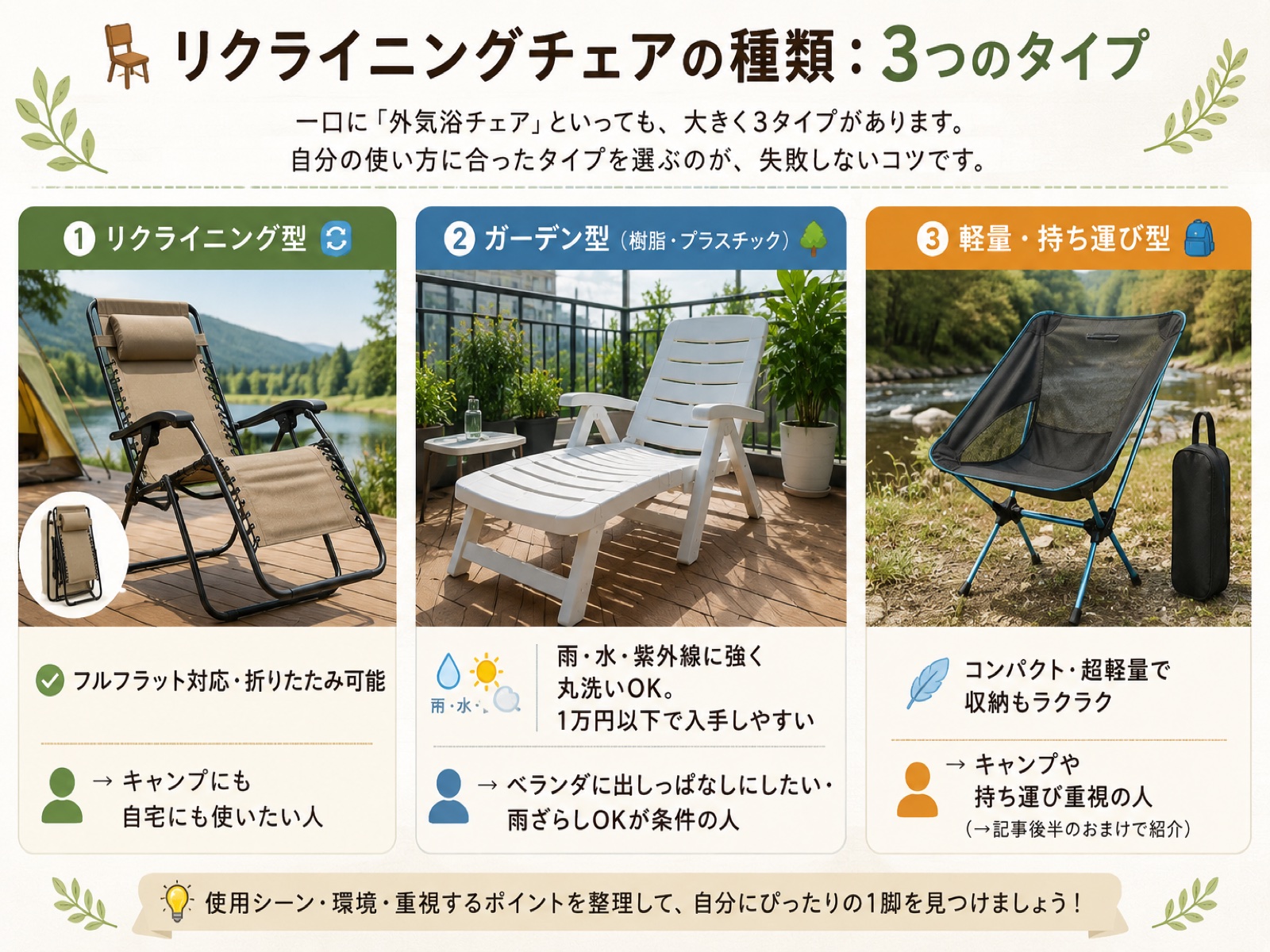 リクライニングチェアの種類：3つのタイプ
