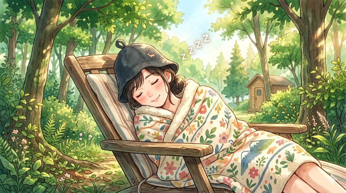 サウナハットをかぶった女性がととのうイラスト