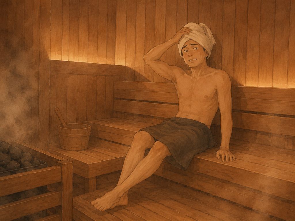 サウナ室でタオルがずり落ちてきて、片手で押さえながら少し困った表情で座る人のイラスト