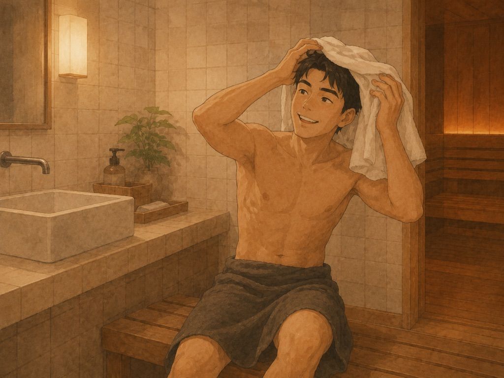 洗面所で濡らしたタオルを頭に巻こうとしている人のイラスト
