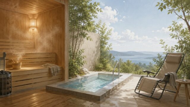 サウナ室から水風呂、外気浴のリクライニングチェアへと続くサウナの流れを描いたイメージイラスト