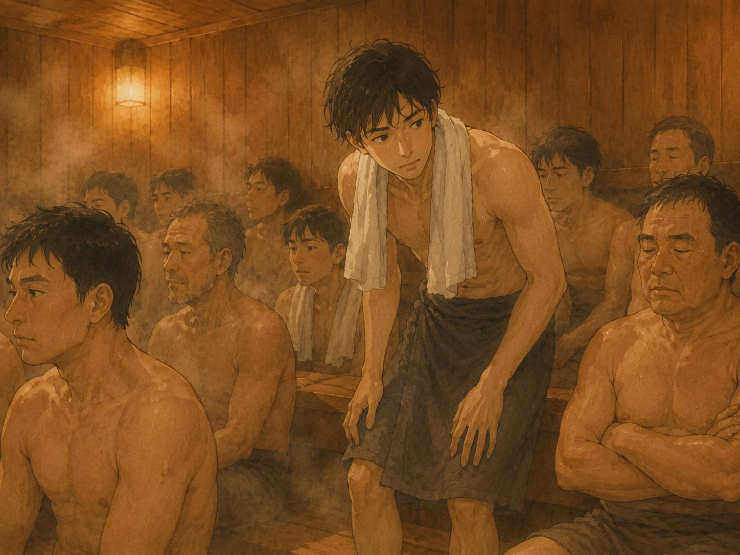 混み合ったサウナ室で座る場所を探し、周りに気を遣っている人のイラスト