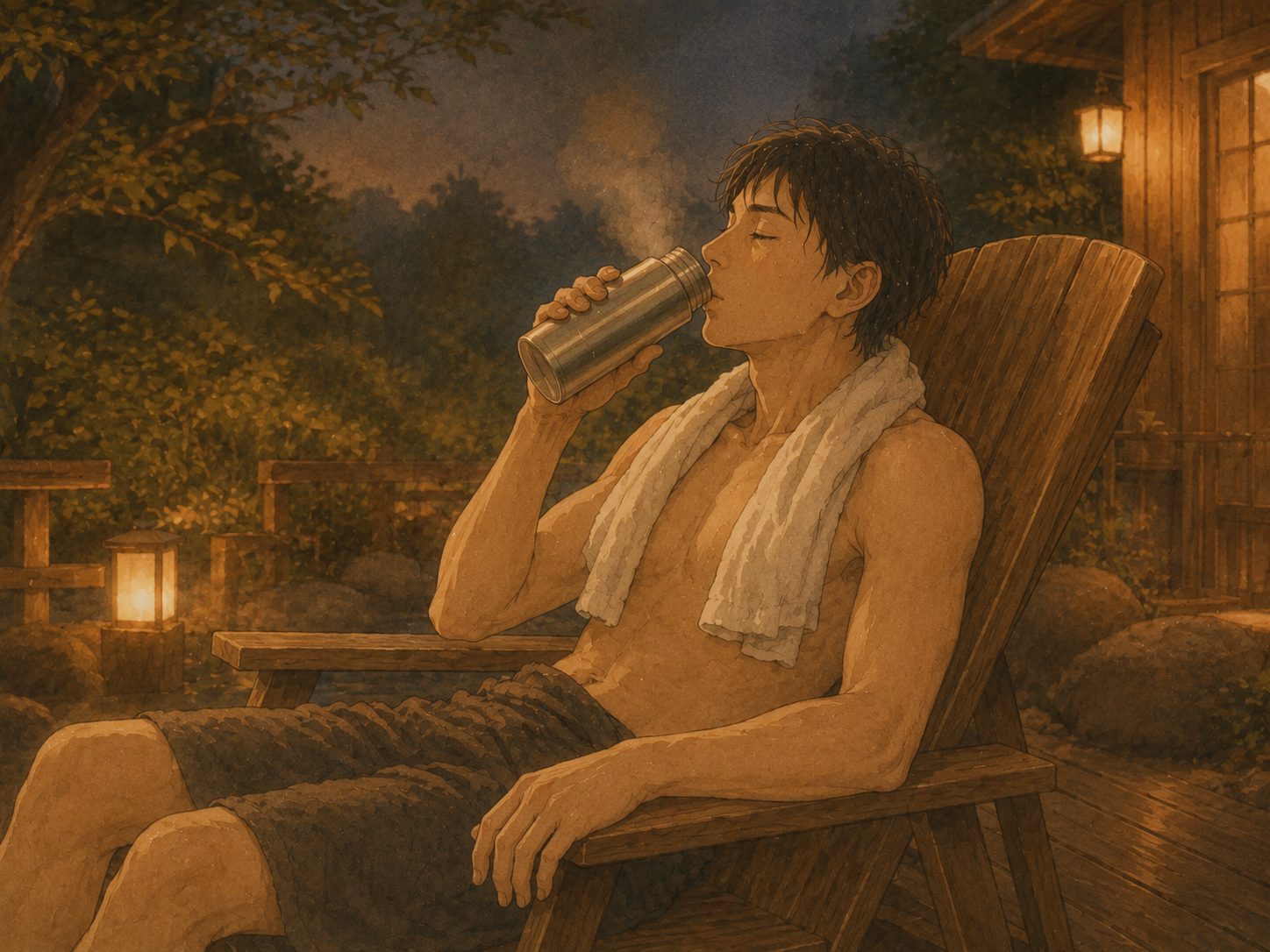 外気浴のリクライニングチェアで水筒から白湯を飲み、一息ついている人のイラスト
