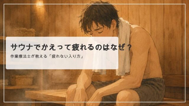 サウナから出て脱衣所で疲れた表情で座り込む人。サウナでかえって疲れるのはなぜ？作業療法士が教える疲れない入り方