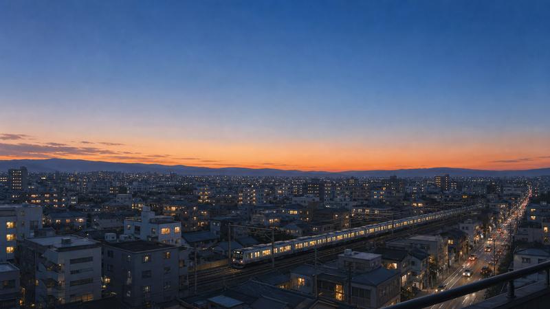 ビルの11階から見た夕暮れの街並みと、走る電車のイメージイラスト
