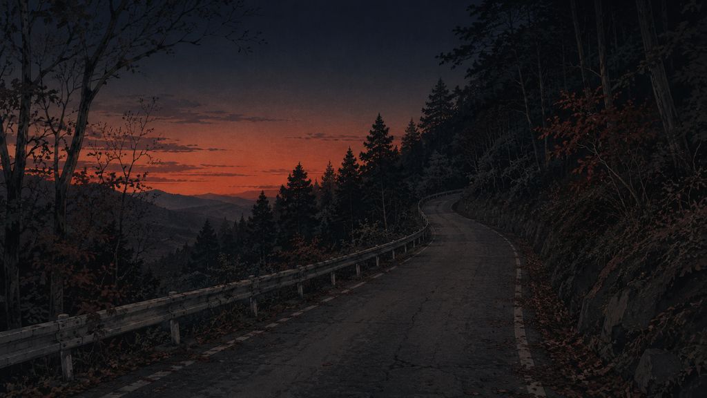 夕暮れに山をのぼっていく細い舗装路のイラスト。ガードレールの向こうに山並みが見える